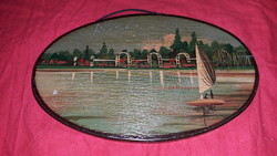 Beautiful antique oil technique hand painted balaton landscape wooden wall picture 21 x 13 cm as shown in the pictures