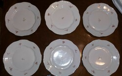 6 db-os régi Zsolnay porcelán aranyszélű, virágmintás lapostányér készlet tányér