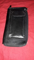 Retro black leather pearl canvas lined men's wallet with multiple compartments, 21x10 cm as shown in the pictures
