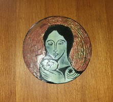 Modern, intimate icon-like representation of Mary and Jesus on a metal sheet