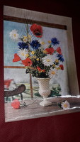 Old 3d postcard bouquet of flowers in the vase on the ledge according to the pictures