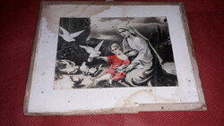 Antik parasztházas kicsi szentkép nyomat, Szűzanya Kis Jézussal üveg alatt a képek szerint