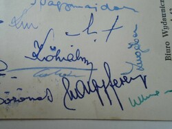D195309 postcard-1950k Hungarian national team? Soccer team postcard with many signatures katowice hotel monopoly