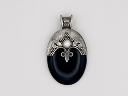 Art Deco ezüst medál onix kővel és igazgyöngy berakással - nagyméretű