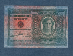 100 Korona 1912 Mind a két oldala Német nyelvű, vastag papírra nyomtatott változat.EF