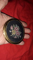 Antique copper - mirrored round powder box decorated with needle tapestry according to the pictures