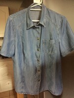 Women's short-sleeved slim-fit denim shirt, thin, airy material, size 44, L, with metal buttons