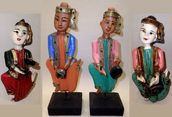 4 db ritka kézzel festett faragott keleti ázsiai színes faragás fa figura szobor hangszer fafaragás