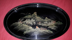 Old oriental hand-painted black scene lacquered wood oval decorative bowl / offering 30 x 18 as shown in pictures