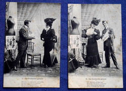 2 db Antik fotó képeslap - elegáns hölgy a divatszabónál  próbababa divatlap