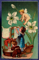 Antik dombornyomott valódi dekupázs képeslap angyalka nárciszon  mosó  székre teregetőgyerekek