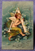Antik dombornyomott üdvözlő  A betű képeslap angyalka nefelejcs