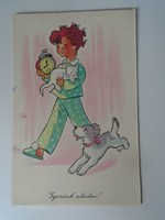 D195358    Régi képeslap - 1957 Gyerünk aludni - kislány, kutya, macska  -Macskássy