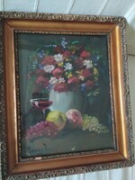Antique still life with Imrey sign, oil painting in original frame 36x30 cm