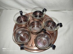 Jelzett eredeti! Schott Mainz Jena Glass 6 üveg csésze réz tartóval és tálcával teljes készlet