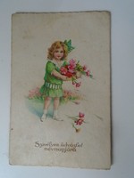 D195351 old postcard - 1940s name day - little girl with a bouquet of flowers
