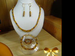 Jewelry set made of Czech glass beads. Necklace, bracelet, earrings and ring. Beautiful honey color.