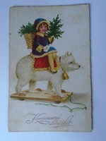 D195325  Régi képeslap - Karácsony - 1940k  kislány kutyán ''lovagol''