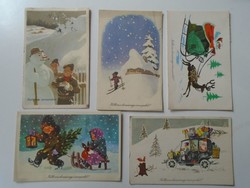D195367  5 db régi karácsonyi képeslap - 1950-60 - hóember télapó szán sí autó mókus