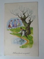 D195362 old postcard - Easter - 1963 sprinkling - drawing Miklós György