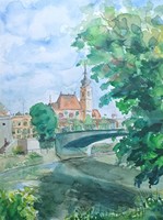 Riverside cityscape with church tower - signed watercolor streetscape from the 1960s