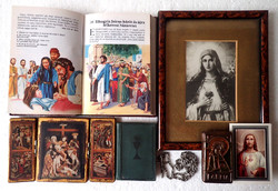 Vallási csomag antik biblia kereszt feszület Szűz Mária fa utazó oltár tűzzománc ikon Jézus Krisztus