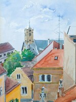 Rooftops, with a church tower - watercolor streetscape, cityscape from the 1960s
