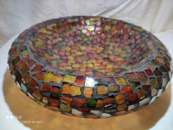 Látványos színpompás mozaikos üveg asztalközép kínáló tál nagy méretű adventre is