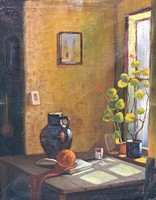 Still life in the window with a vase and a skein - oil painting zalai kiss