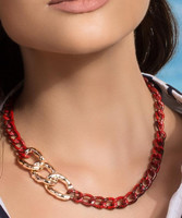 Jewelry set-necklace & bracelet red-black metal chain links and golden acrylic chain links.