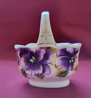 Árvácska virág mintás porcelán kosárka váza asztalközép arany széllel dísz