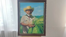 (K)  Festmény szignózott 72x90 cm kerettel, kubai dohányszedő?