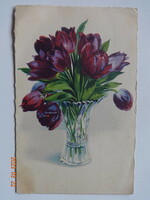 Régi grafikus virágos üdvözlő képeslap, tulipáncsokor vázában (1929)