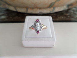 Art deco gold ring with pearls, diamonds and synthetic ruby