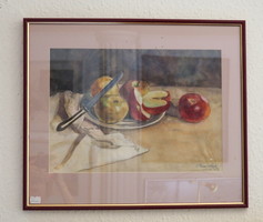 László Brenner: still life with apples - watercolor