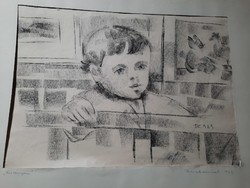 Kornél Dániel: my little girl - original marked charcoal drawing, 1969