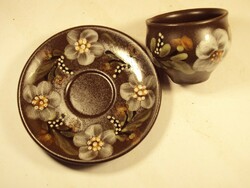 Old retro marked painted glazed ceramic cup small plate - folk folk art flower