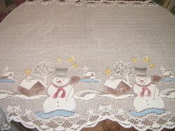 Beautiful vintage snowman and winter landscape with motif stained glass curtains