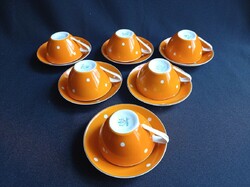 Hollóházi Art deco narancs-fehér pöttyös porcelán kávés készlet 6 személyes