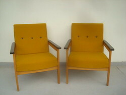 Retro fotel pár 2 darab sárga kárpitos fekete fa karfás szék bútor 7469