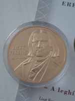 Liszt Ferenc 24 karátos arannyal bevont emlékérem 2012 UNC Nagy Magyarok sorozat