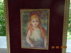 Renoir:"Virágot hordozó kislány"porcelán kép aranyozott bronz keretben,vörös bársony paszpartu