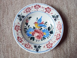 Régi kerámia fali falra akasztható tányér Pruzsinszky Jenő fiai Bélapátfalva virág, madár mintás