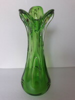 Bohemia cseh zöld vastag falú üveg váza, 32 cm