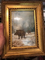 Rácz olaj, kartonon festménye, vaddisznó ábrázolás, 20 x 15 cm-es