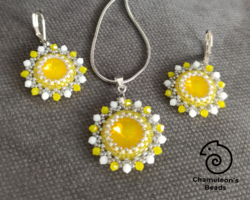 "Yellow Opal and Alabaster Mandala Set" Swarovski kristályos sárga opál-fehér gyöngyfűzött szett