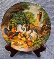 Baromfiudvaros porcelán tányér, kakasos-tyúkos falitányér, dísztányér (L3823)