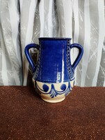 Blue folk motif ceramic jug/vase with handles