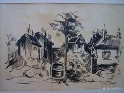 With an illegible sign from 1964: village courtyard, paper. 29 X 19 cm, in a passe-part frame