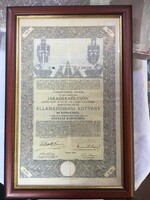 More than 100-year annuity loan, government debt bond from 100 crowns, in a glazed frame a26